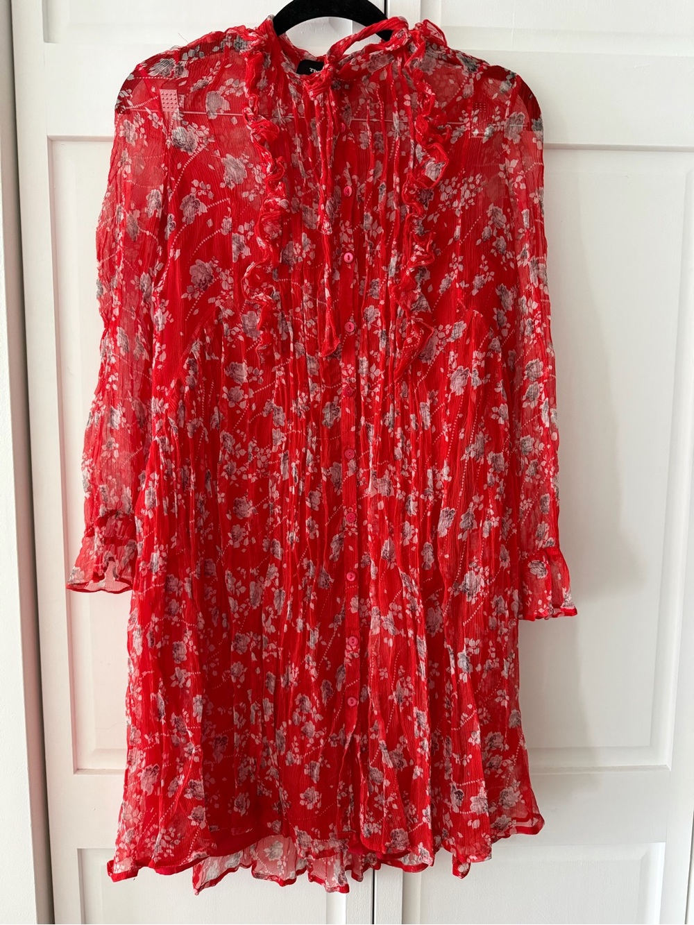The Kooples Red Floral Silk Ruffle Dress with Slip Size XXS Like New